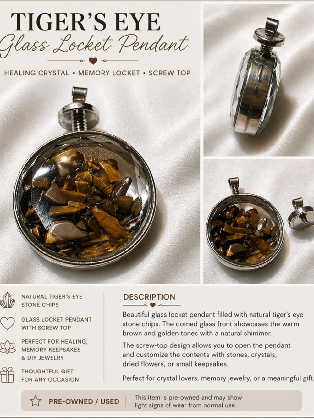 Tiger’s Eye Glass Locket Pendant Healing Crystal Memory Charm Pre-Owned